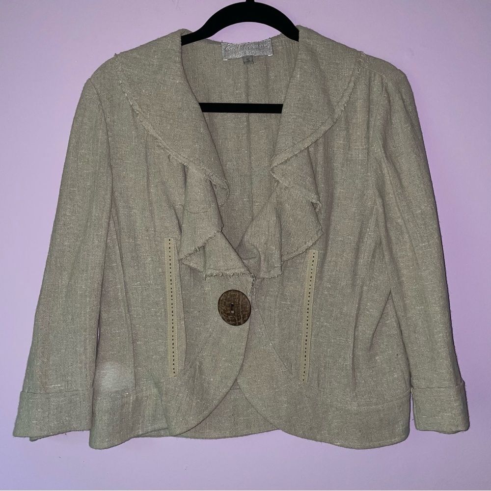 Emil Rutenberg Size S Tan Linen Blazer Jacket Ruffle Collar Artsy Lagenlook